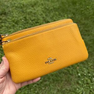 Coach Yellow Pebble Leather Zip Wristlet Double Zipper